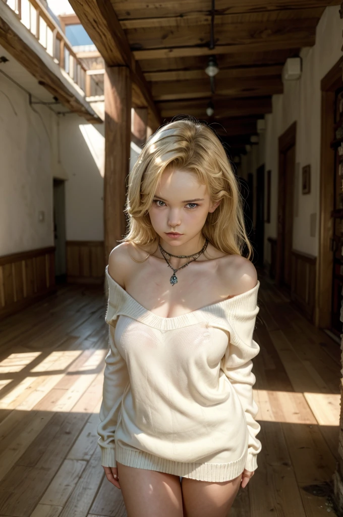 1 girl in, 19yearsold, standing alone, long hair, Colossal , looking ahead at viewer, hair blonde, bared shoulders, eyes browns, jewerly, whole body, a necklace, off the shoulders, Sweaters, realisitic, A sexy