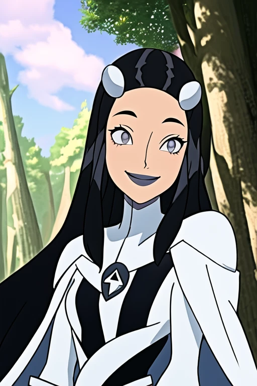 Tinya Wazzo, solo,black hair, long hair. grey eyes, smile, grey lips, white cape, best quality, masterpiece, 1girl, Masterpiece, Best Quality, Detail, Forest, cape in front, body caped,