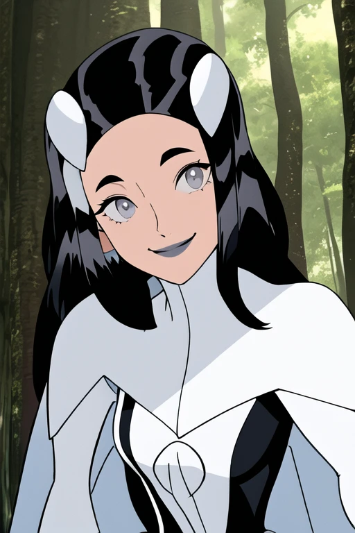 Tinya Wazzo, solo,black hair, long hair. grey eyes, smile, grey lips, white cape, best quality, masterpiece, 1girl, Masterpiece, Best Quality, Detail, Forest, cape in front, body caped,