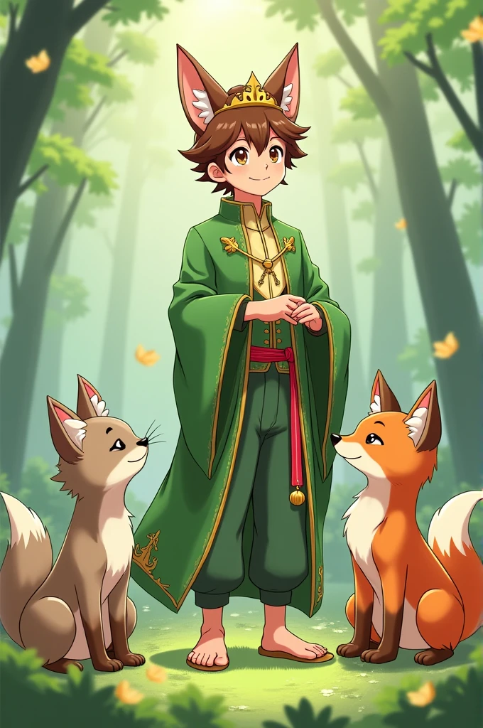 (anime) Create the prince of animals Expression sweet dressed in green and accompanied by his pets a cat and a fox 