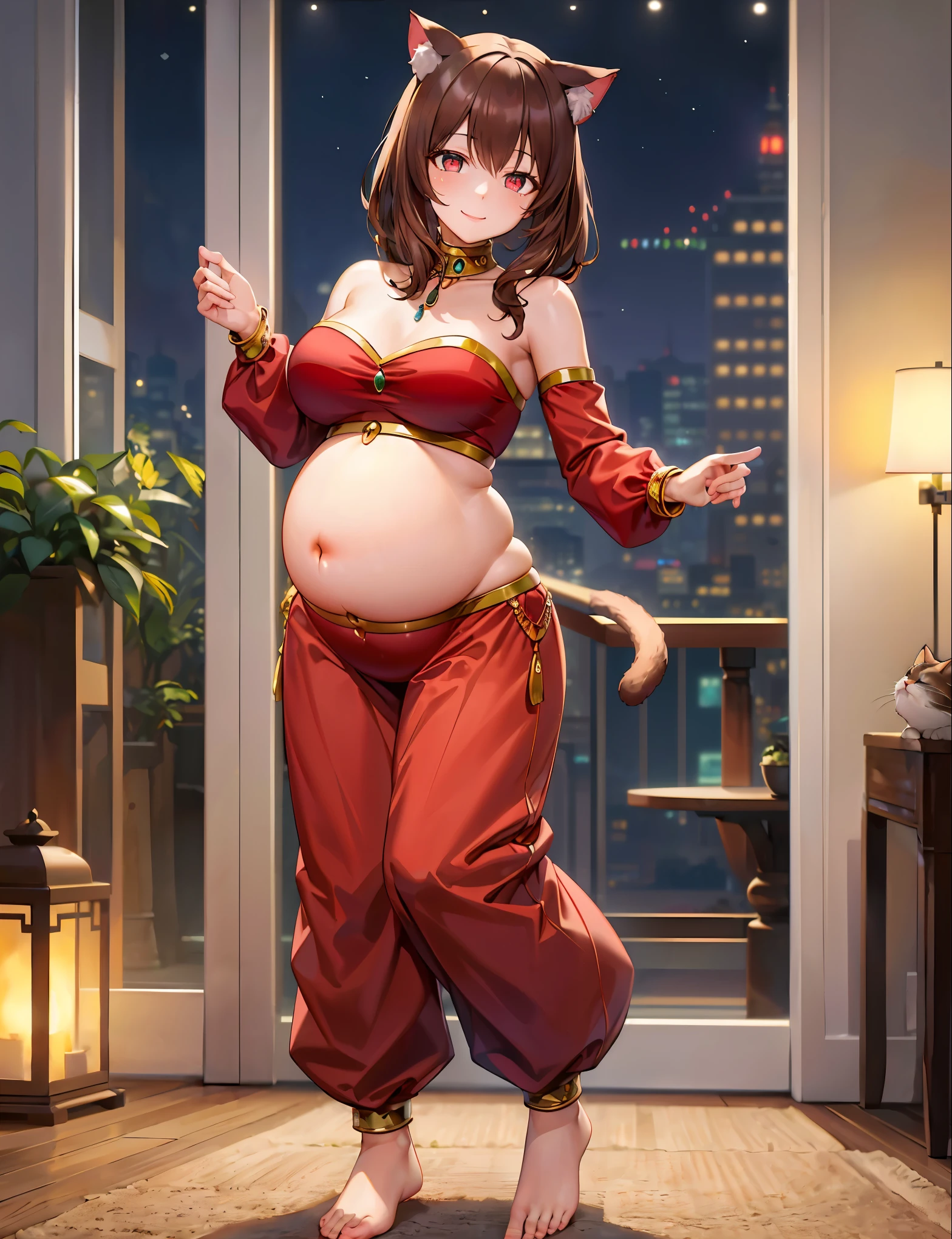 (best quality, ultra-high resolution, depth of field:1.2), (full body shot:1.2), (perfect body:1.2), (big breasts:1.2), (round pregnant belly:1.2), beautiful face, (2), (cat woman), radiant eyes, (red eyes:1.2), (beautiful smile), (dark brown hair), animal ears, (fluffy cat ears), (fluffy cat tail), (strapless top:1.2), (long sleeves:1.2), (wearing a baggy harem belly dance pants:1.2), (bare feet:1.2), (full of jewelry:1.2), night time, (multiple points of views), (standing pose:1.2)