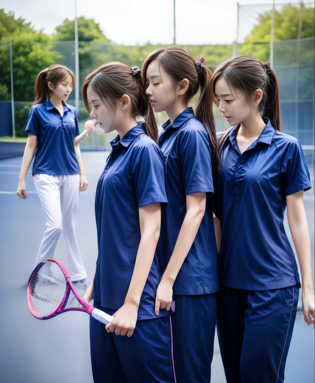 3 girls play tennis at tennis courts, Navy blue short-sleeved shirt,Navy Long Trackpant,Sweatpants, Sweatpantsขายาว,2 girl, lesbian, sexy, exercise clothes, wet body, exercise clothes