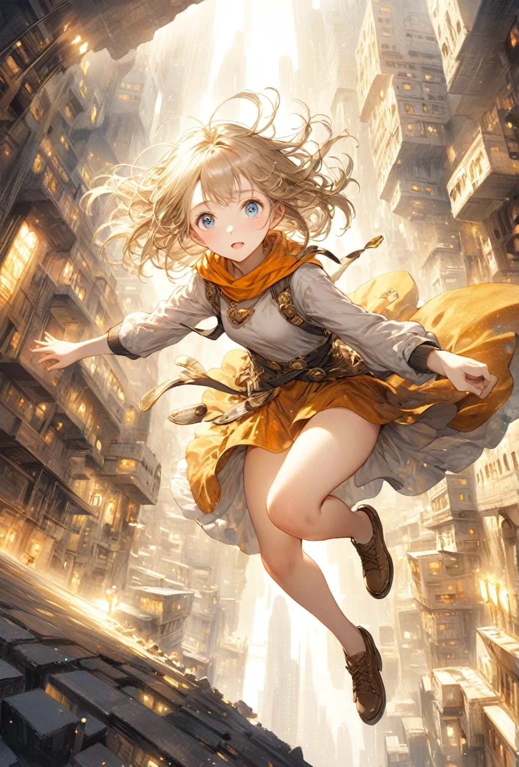 (Highest quality,8k,32K,masterpiece,Ultra-high resolution :1.2 ),born,One girl,Super cute,Natural light,Clear, shining eyes,20-year-old,Fair skin,Vast underground city fantasy background,Woman falling from the sky,Falling