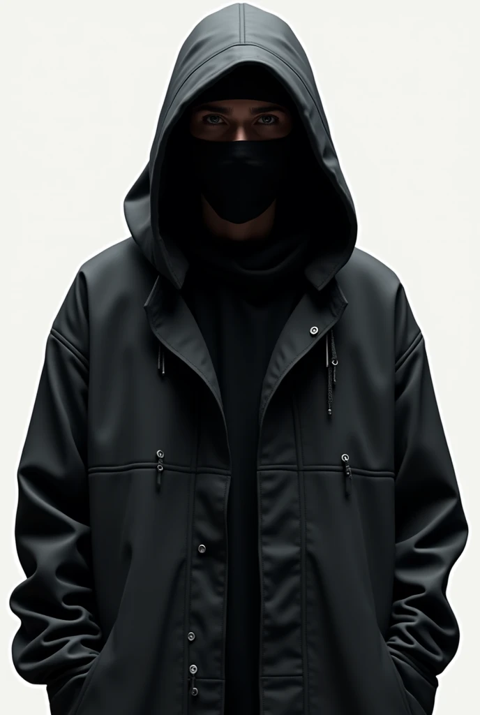 I want more images of men in tech clothes where you can't see their faces. An icon that looks like a young man, futuristic fashion with black hood that hides the face.、I wish the clothes were messier, and I don't need to see the neon red eyes。I would prefer the outer clothing to be black。In live action、Zip the hood in front of your face to hide your face.。
