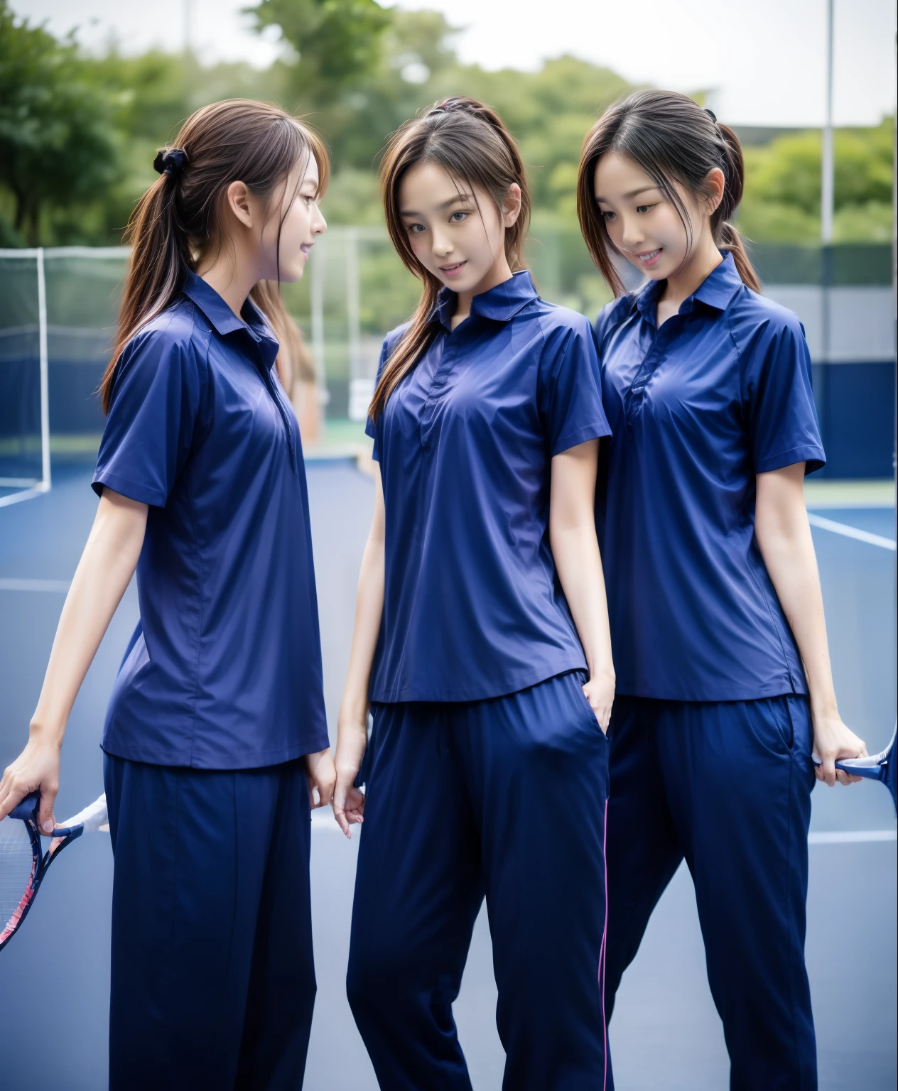 3 girls play tennis at tennis courts, Navy blue short-sleeved shirt,Navy Long Trackpant,Sweatpants, Sweatpantsขายาว,2 girl, lesbian, sexy, exercise clothes, wet body, exercise clothes
