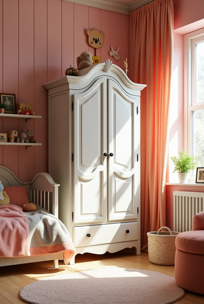 generate a project for a room for two children, being a six year old and a newborn, with a wall already with details in antique pink paneling and a white American Provençal style wardrobe