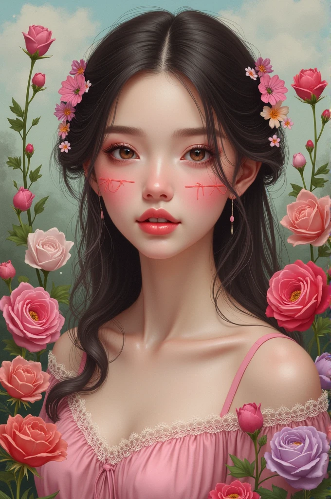 Name Natalia with a pink stitch and flowers