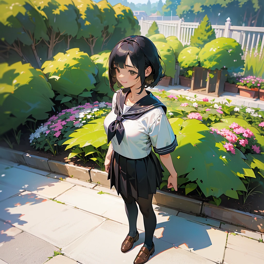 (Highest quality, High resolution, Super detailed, Realistic:1.37), Peaceful atmosphere, (Outdoor, garden), Teenage girl standing alone,(my breasts are big.),Beautifully detailed features, Cute Smile, ((Black bob hair)),Short-sleeved sailor uniform, Pleated skirt,Black tights,Brown leather shoes.