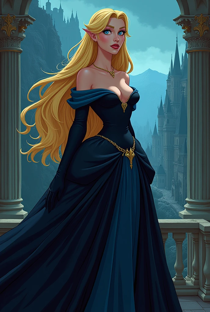 Evil sinister blonde haired Disney style princess enslaving her kingdom. She is seething in anger.