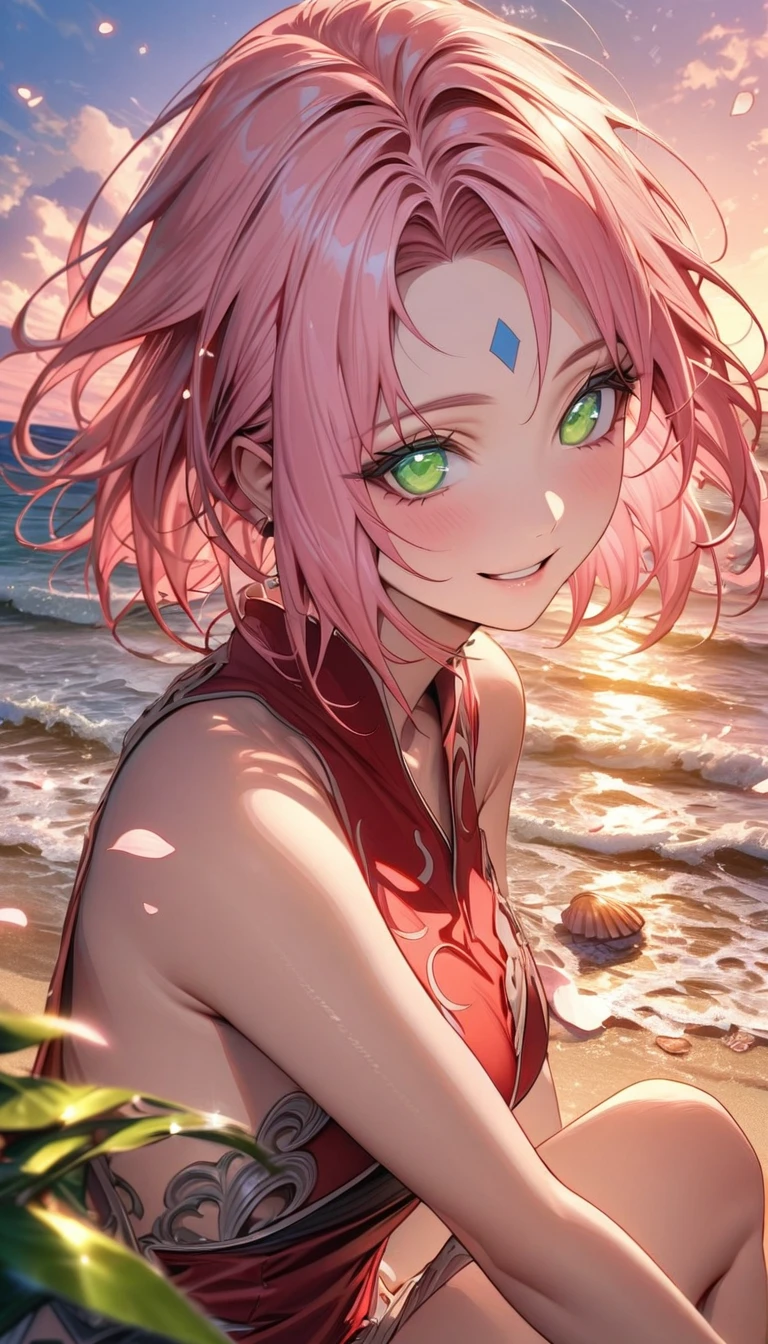 absurdres, highres, ultra detailed, HDR, master piece, best quality, extremely detailed, Haruno Sakura, pink hair, expressive green eyes, Naruto Shippuden, solo, woman, beautiful, smile, red bikini, island, sea, beach