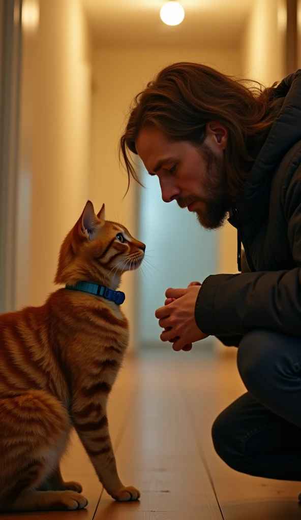 8k, high-quality, photograph, injured ginger tabby cat with blue collar in an apartment hallway, man (british, homeless, age 41, long brown hair: 1.2, short stubble: 1.3, wearing dark jacket) reaching out, curious expression, warm lighting