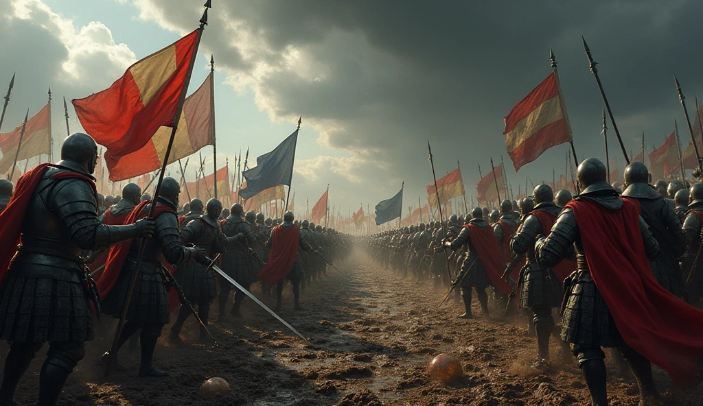 A dramatic medieval battle scene between French and English forces during the Hundred Years' War unfolds under a stormy sky. The battlefield is shrouded in a dark, ominous atmosphere, with heavy clouds casting a shadow over the clash. Soldiers, clad in intricately detailed armor and grimy from the fight, engage in fierce combat. The scene is filled with swirling mud and sparks from clashing swords and shields. The ground is littered with fallen warriors and broken weapons, accentuating the chaos and destruction. In the background, the banners of both sides flutter violently in the wind. The image, rendered in the evocative style of Edmund Blair Leighton, captures the tension and turmoil of the conflict with rich, dark tones and dramatic contrasts, emphasizing the scale and intensity of the medieval warfare., Surrealism, Hyperrealism, UHD, retina, masterpiece, accurate, anatomically correct, textured skin, super detail, 16k