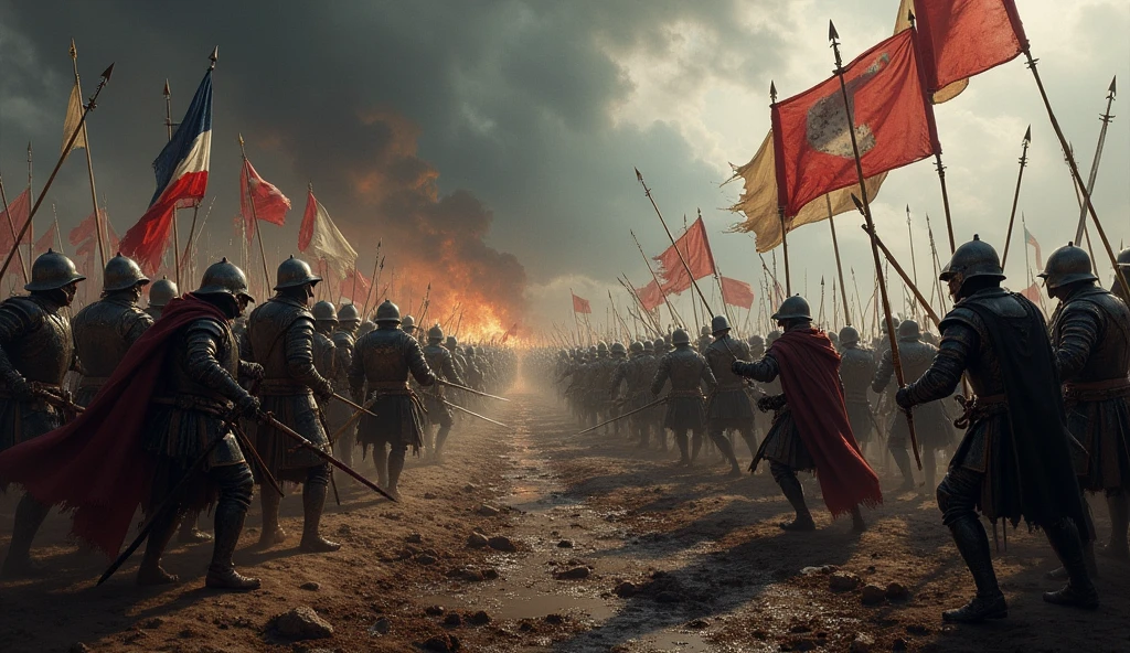 A dramatic medieval battle scene between French and English forces during the Hundred Years' War unfolds under a stormy sky. The battlefield is shrouded in a dark, ominous atmosphere, with heavy clouds casting a shadow over the clash. Soldiers, clad in intricately detailed armor and grimy from the fight, engage in fierce combat. The scene is filled with swirling mud and sparks from clashing swords and shields. The ground is littered with fallen warriors and broken weapons, accentuating the chaos and destruction. In the background, the banners of both sides flutter violently in the wind. The image, rendered in the evocative style of Edmund Blair Leighton, captures the tension and turmoil of the conflict with rich, dark tones and dramatic contrasts, emphasizing the scale and intensity of the medieval warfare., Surrealism, Hyperrealism, UHD, retina, masterpiece, accurate, anatomically correct, textured skin, super detail, 16k