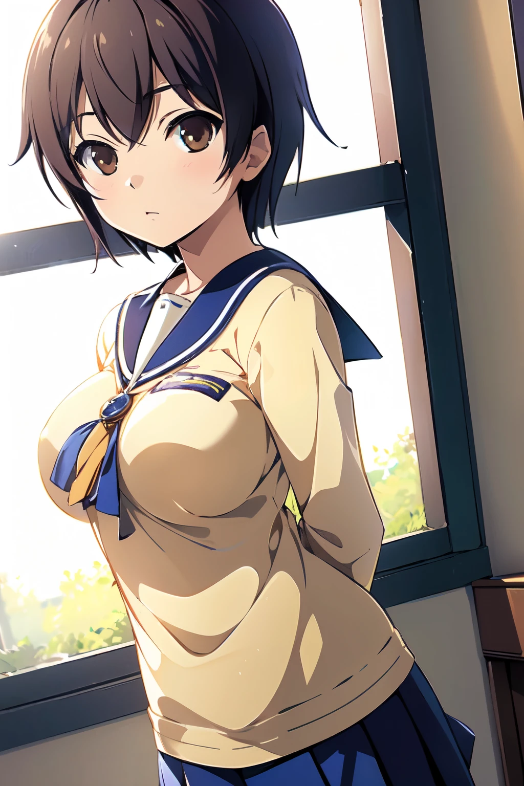 (masterpiece), (最high quality, high quality:1.4) High resolution, classroom, Upper Body, View your viewers, One girl, Are standing, Arms crossed, Beige shirt, Long sleeve, Naomi CP, Large Breasts,