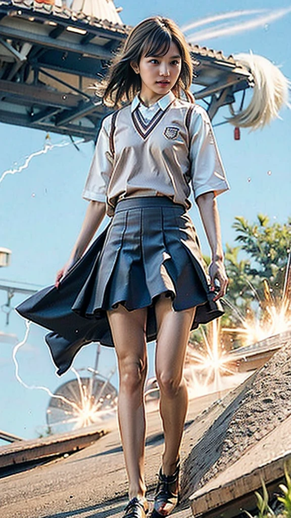 masterpiece, Highest quality, High resolution,8k, 1 hair clip, Tokiwadai School Uniform 、Tokiwadai school emblem on the left chest、Photorealistic,Windmill side、blue sky、smile、Roll up your skirt to show your underwear、Pure white panties、ライトグレーのミニスカート、Produces lightning from the body、Electricity shoots out from my hands