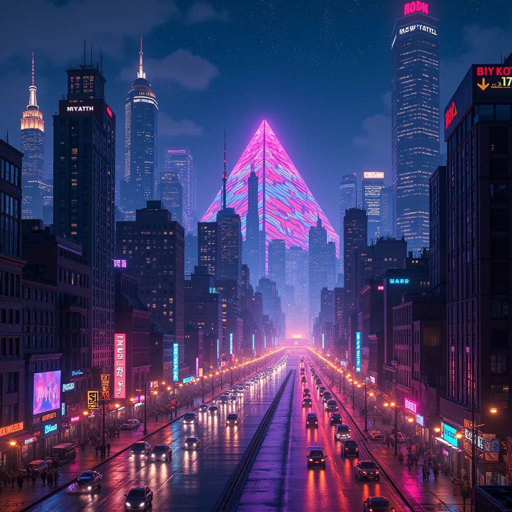 New York City, Night view, Ultra-high resolution,8k, Neon Town, Photorealistic, Colorful,Beautiful starry sky, Neon Light, pyramid