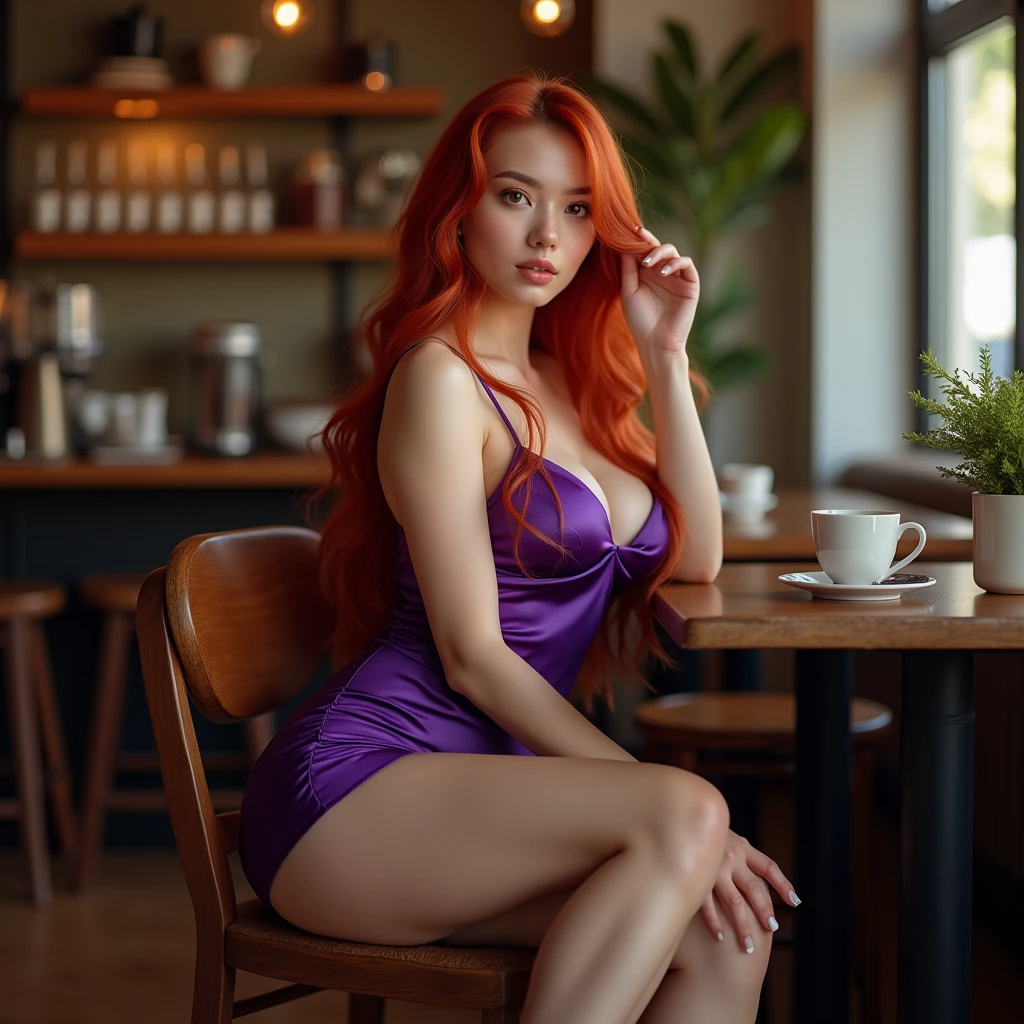 (realistic, high resolution:1.3), 1 dark red haired girl with perfect figure, super fine face and eyes, long hair, silk dress: 1.2, violet color, short skirt,, big breasts, exposed cleavage, big breasts, huge breasts,(((orange high heels))), ultra detailed, hyperrealistic, professional, camera canon 5d mkII. lens canon 100-400mm mkII f4.5 sitting in a coffee shop, focus on perfect legs and orange high heels, high heels