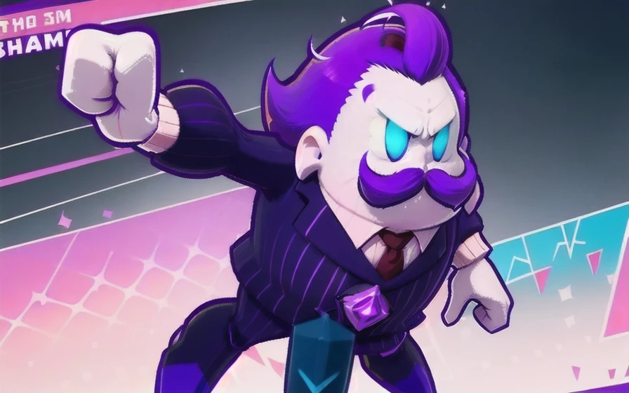 haltmann, purple hair, purple mustache, arms, wearing a dark blue suit with pink vertical lining, pink shirt, red tie, black shoes, gold suit button with a red diamond, pale purple gloves, pink cuffs, pale purple skin, blue eyes, golden earpiece with antenna, comics, the title "HALTMANN" on the left