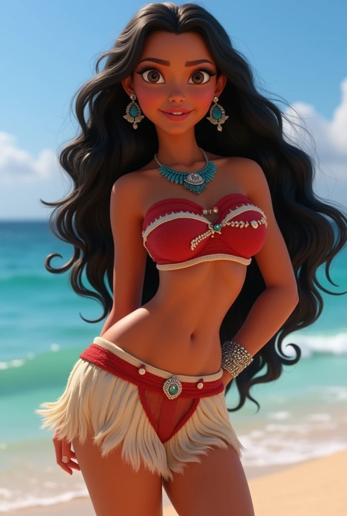 Disney princesses Moana ultra definition 4k, provocative face, little miniskirt showing panties, low cut huge breasts, big legs and defined body.