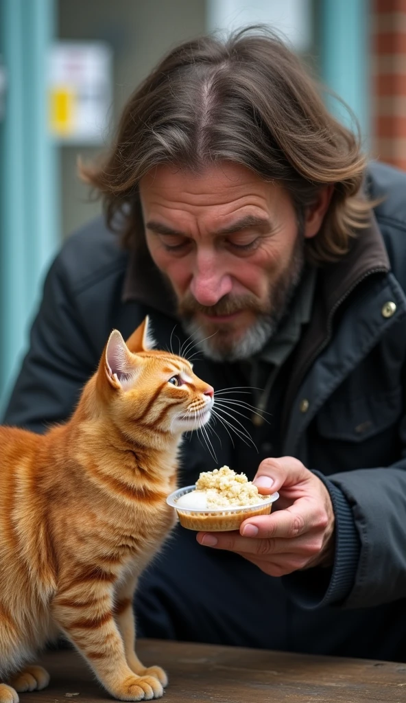 8k, high-quality, photograph, man (british, homeless, age 41, long brown hair: 1.2, short stubble: 1.3, wearing dark jacket) sharing food with a ginger tabby cat, veterinary clinic in the background, caring gesture