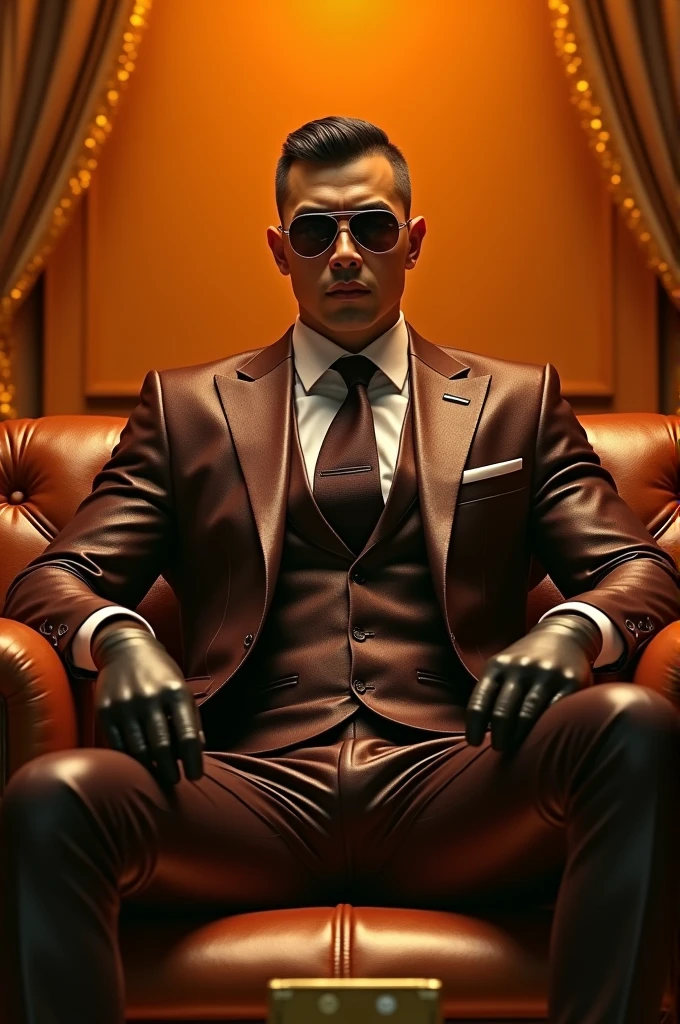 Brutal, 3,daddy, sunglasses, "shiny brown suit ", wear white shirt,  very shiny brown pants, dark brown waistcoat, Dad sat on luxury sofa,k hd,in the office,"big muscle", crew cut black hair,asia face,masculine,strong man,the boss is,handsome, leather gloves, lecherous dad,look straight ahead,dad is handsome, full of gold and bank notes, orange background, orange atmosphere