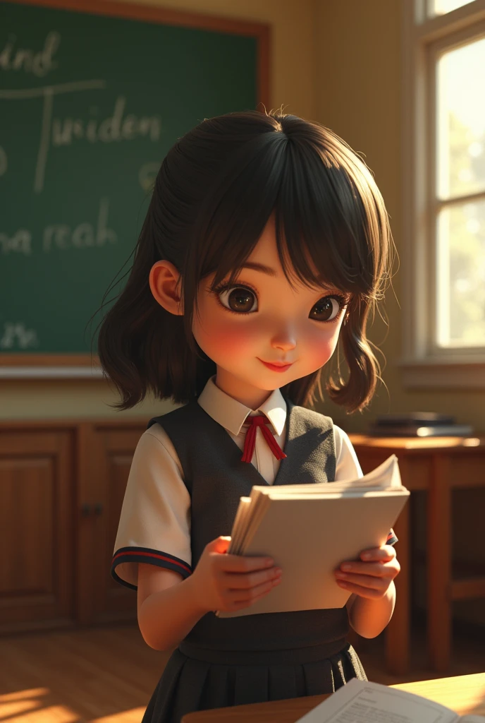 a classroom scene with a young student standing in front of a chalkboard reading, beautiful detailed eyes, beautiful detailed lips, extremely detailed eyes and face, long eyelashes, school uniform, focused expression, warm lighting, detailed classroom interior, blackboard, textbooks, (best quality,4k,8k,highres,masterpiece:1.2),ultra-detailed,(realistic,photorealistic,photo-realistic:1.37),intricate details,vivid colors,natural lighting,soft shadows,cinematic composition