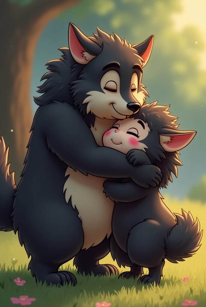 A furry cartoon wolf hugging the ass of a furry cartoon naked black sheep, chubby and with a nice ass, with the furry cartoon wolf sticking his face and snout into the furry cartoon sheep's hot ass. Contains NSFW