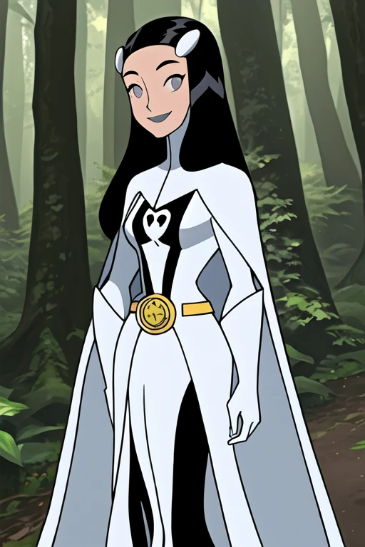 Tinya Wazzo, solo,black hair, long hair. grey eyes, smile, grey lips, white cape, best quality, masterpiece, 1girl, Masterpiece, Best Quality, Detail, Forest, cape in front, body caped, standing, cape wrapped around