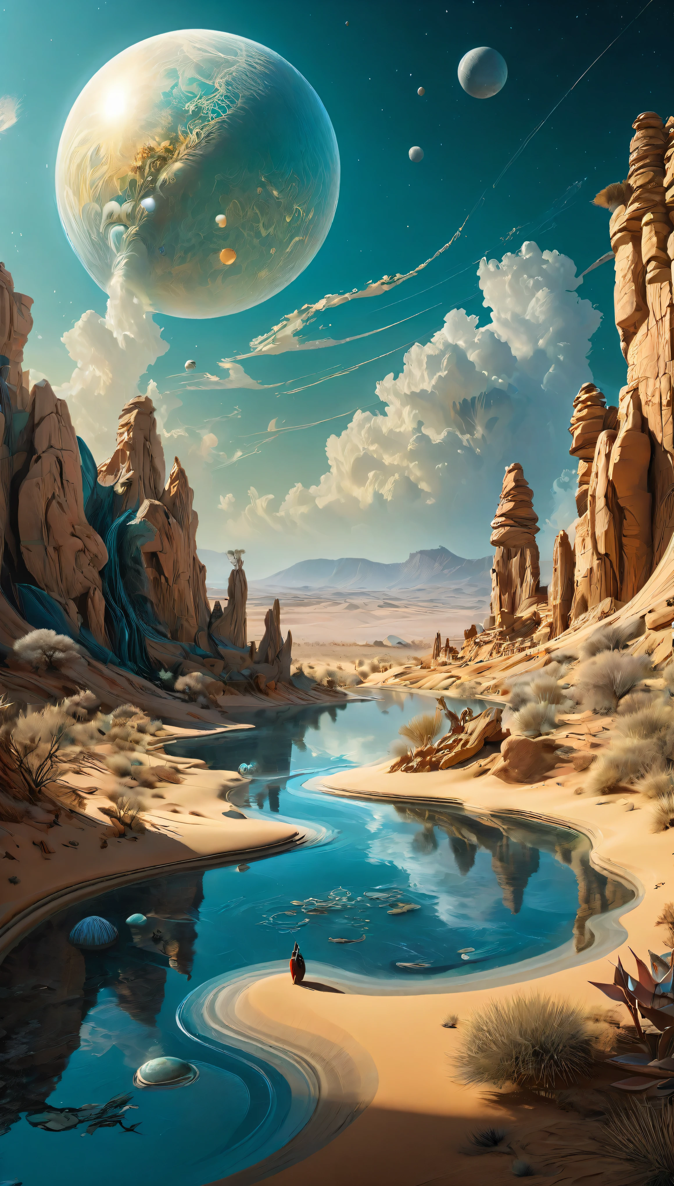 (best quality,4k,8k,highres,masterpiece:1.2),ultra-detailed,(realistic,photorealistic,photo-realistic:1.37), digital art by IrinaKapi, surrealism, desert of time, splash, futuristic, patterns, floating objects, Yuumei, Robert Bissell, Christopher Balaskas, Keith Mallett, Wassily Kandinsky, acrylic painting, dreamlike atmosphere, intricate details, mesmerizing composition, ethereal beauty, mystical elements, whimsical landscapes, otherworldly creatures, intricate brushwork, surreal landscapes, fantastical imagery