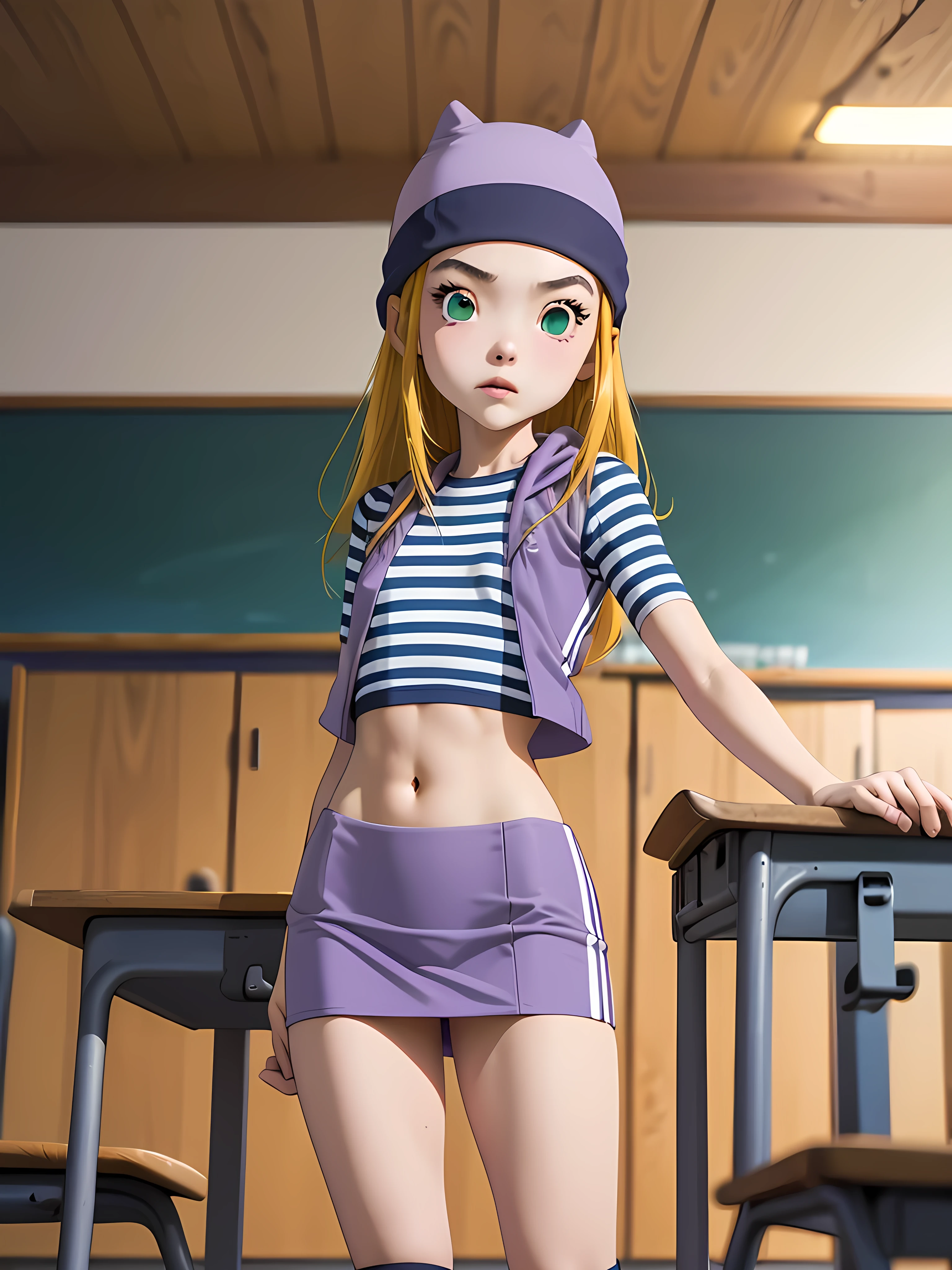 (masterpiece, best quality), 1girl, izumi Orimoto, indoors, classroom, green eyes, blonde hair, long hair, purple beanie, purple vest, purple miniskirt, blue white striped shirt, long purple socks, purple vest, striped shirt, navel shirt, small size breast, legs together, cute pose