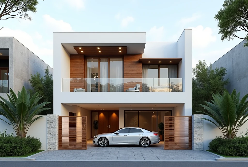 front view of a modern minimalist house in the city center with white walls and wooden accents, stone cladding details, large windows, double height entrance gate, surrounded by other houses, a concrete wall behind it, lush tropical plants on both sides, a sunny day, professional photography in the style of a magazine, with a car passing through the front door, in the style of X Danielle home design