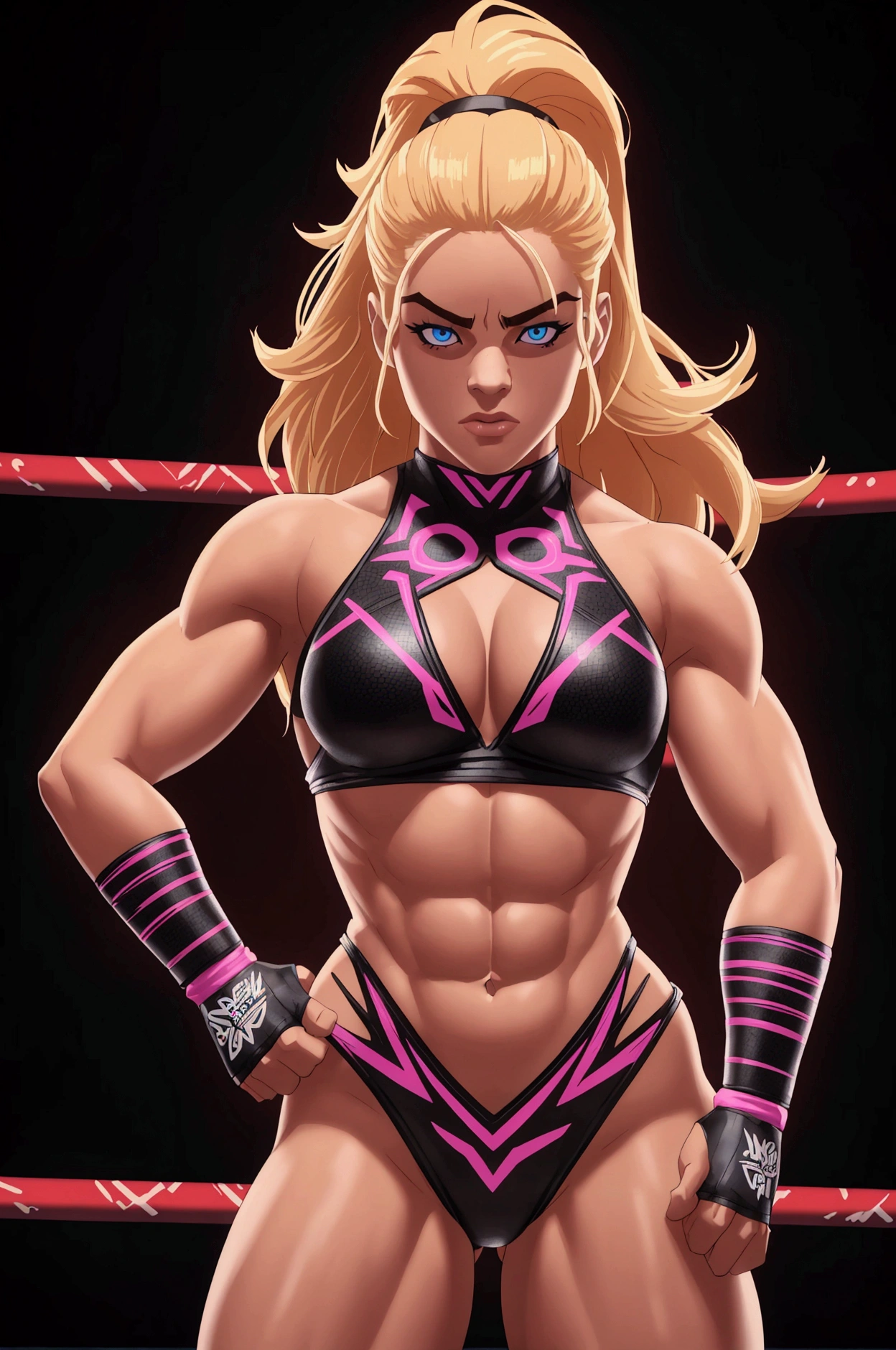 athletic muscular sexy female wrestler, beautiful, detailed face and body, blonde hair, full body, wrestling ring, wwe logo, dramatic lighting, neon glow effects, high contrast, cinematic, dynamic pose, action, (best quality,4k,8k,highres,masterpiece:1.2),ultra-detailed,