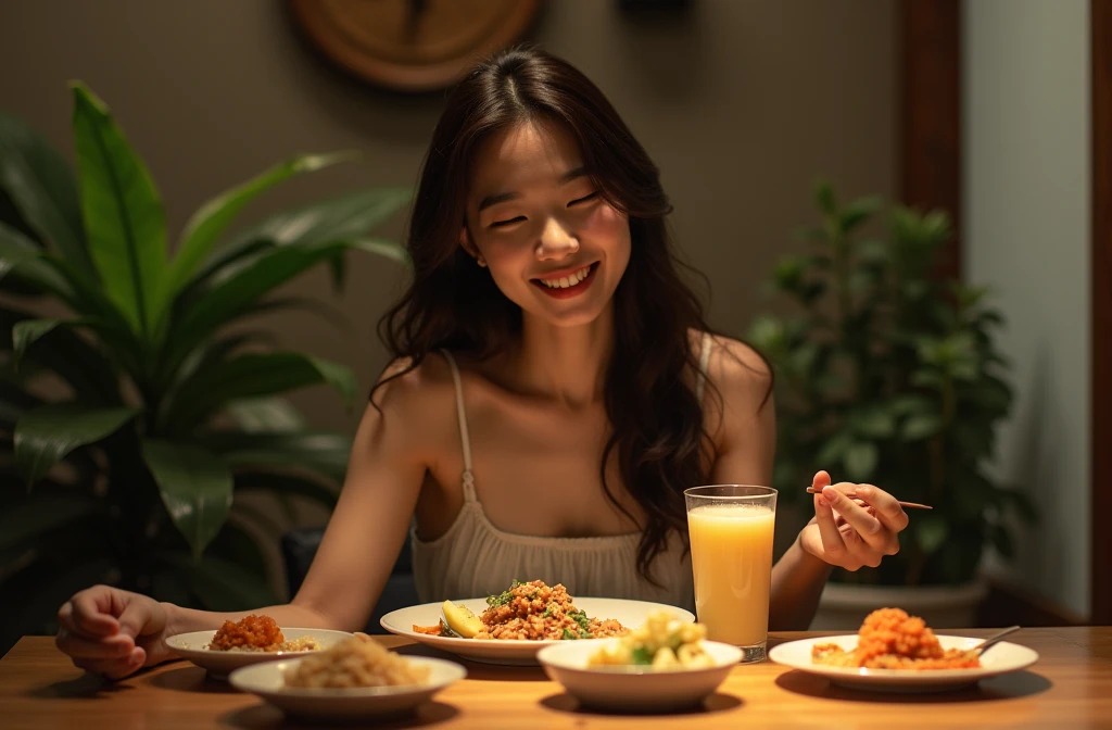 a young asian woman with long wavy hair wearing a summer dress, sitting at a table, food on the table, smiling, (high detail skin:1.2), 8K UHD, Digital SLR, High quality, filmgrain, Fujifilm XT3, perfect figure, (beautiful woman:1.4), ((wavy hair)), RAW photo, rim lighting, dim lighting, perfect anatomy, anatomically correct, perfection proportions.