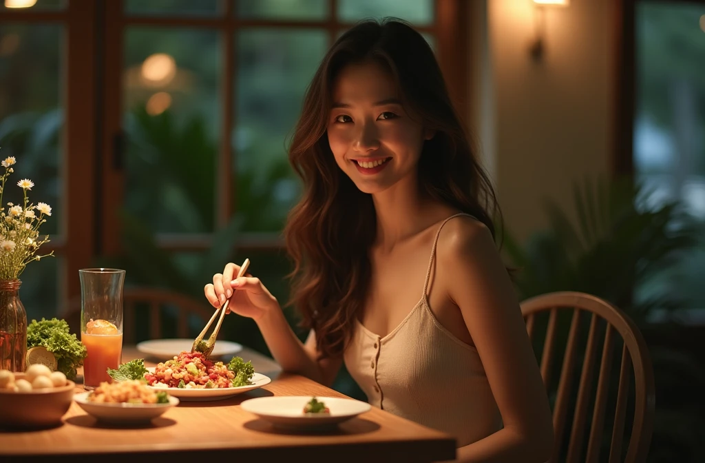 a young asian woman with long wavy hair wearing a summer dress, sitting at a table, food on the table, smiling, (high detail skin:1.2), 8K UHD, Digital SLR, High quality, filmgrain, Fujifilm XT3, perfect figure, (beautiful woman:1.4), ((wavy hair)), RAW photo, rim lighting, dim lighting, perfect anatomy, anatomically correct, perfection proportions.
