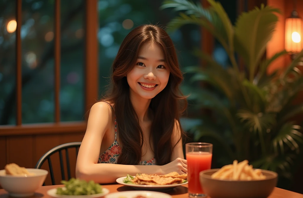a young asian woman with long wavy hair wearing a summer dress, sitting at a table, food on the table, smiling, (high detail skin:1.2), 8K UHD, Digital SLR, High quality, filmgrain, Fujifilm XT3, perfect figure, (beautiful woman:1.4), ((wavy hair)), RAW photo, rim lighting, dim lighting, perfect ???????, anatomically correct, perfection proportions.
