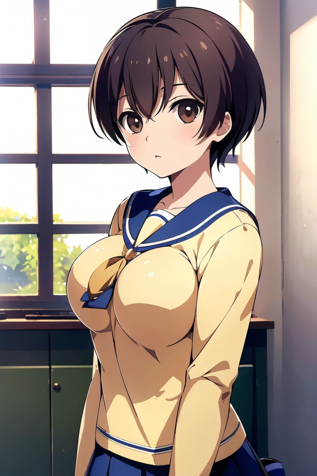 1 Female,High definition,high resolution,Ultra-realistic,8K, hmza, short hair, antenna hair, brown eyes, school uniform, blue necktie, yellow shirt,black jacket, long sleeves, black skirt,tight skirt, miniskirt,European,sexy,Upper body close-up,Photographed from the front,Dynamic Angles,blush, medium tits, happy, wink the eye,facial, sweat,multicolored hair ,((nipples)),(wide thighs:1.4),(white panties),(show panties),(from behind),(huge ass),(show ass),(blush), detailed face