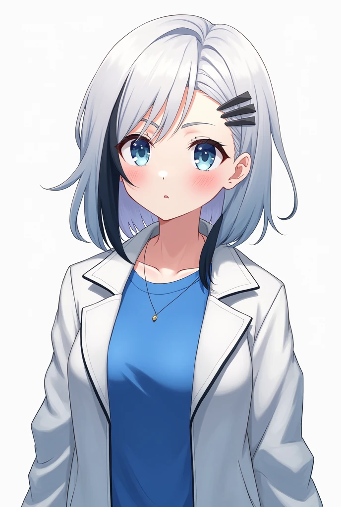 a white girl in anime style wearing a white jacket and blue shirt with white hair with black tip with black hair tips, with breasts and ass 