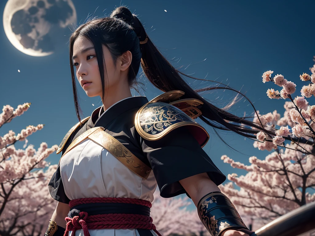 **Prompt:** Create an ultra-realistic 8K resolution image of Tsukuyomi, the Japanese moon god from Shinto mythology, reimagined as the ultimate samurai while retaining the deity's iconic features. Tsukuyomi is depicted with long, flowing silver hair tied back in a traditional topknot, with a few loose strands framing her serene, yet resolute face. Her eyes gleam with the calm determination of a warrior who has faced countless battles under the moon's light, reflecting both wisdom and an unwavering resolve.

She wears an intricately designed samurai armor, the plates polished to a dull silver that mirrors the moonlight. The armor is adorned with delicate engravings of crescent moons and celestial patterns, blending traditional samurai aesthetics with her divine origins. Over her armor, she dons a dark, flowing haori with silver embroidery that trails like shadows in the night.

In her hand, she wields a katana with a blade that gleams like the moon, its edge sharp and deadly. The hilt is wrapped in dark silk, and the tsuba (guard) is shaped like a crescent moon. Her stance is strong and poised, ready for battle, with the air around her crackling with the energy of a warrior deity.

The background is a moonlit battlefield, with cherry blossom trees shedding their petals in the wind. The full moon hangs high in the sky, casting a cold, ethereal glow over the scene. Tsukuyomi stands as the embodiment of the ultimate samurai, combining the grace and beauty of the moon with the fierce honor and strength of a legendary warrior.