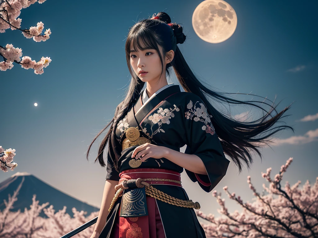 **Prompt:** Create an ultra-realistic 8K resolution image of Tsukuyomi, the Japanese moon god from Shinto mythology, reimagined as the ultimate samurai while retaining the deity's iconic features. Tsukuyomi is depicted with long, flowing silver hair tied back in a traditional topknot, with a few loose strands framing her serene, yet resolute face. Her eyes gleam with the calm determination of a warrior who has faced countless battles under the moon's light, reflecting both wisdom and an unwavering resolve.
She wears an intricately designed samurai armor, the plates polished to a dull silver that mirrors the moonlight. The armor is adorned with delicate engravings of crescent moons and celestial patterns, blending traditional samurai aesthetics with her divine origins. Over her armor, she dons a dark, flowing haori with silver embroidery that trails like shadows in the night.
In her hand, she wields a katana with a blade that gleams like the moon, its edge sharp and deadly. The hilt is wrapped in dark silk, and the tsuba (guard) is shaped like a crescent moon. Her stance is strong and poised, ready for battle, with the air around her crackling with the energy of a warrior deity.
The background is a moonlit battlefield, with cherry blossom trees shedding their petals in the wind. The full moon hangs high in the sky, casting a cold, ethereal glow over the scene. Tsukuyomi stands as the embodiment of the ultimate samurai, combining the grace and beauty of the moon with the fierce honor and strength of a legendary warrior.