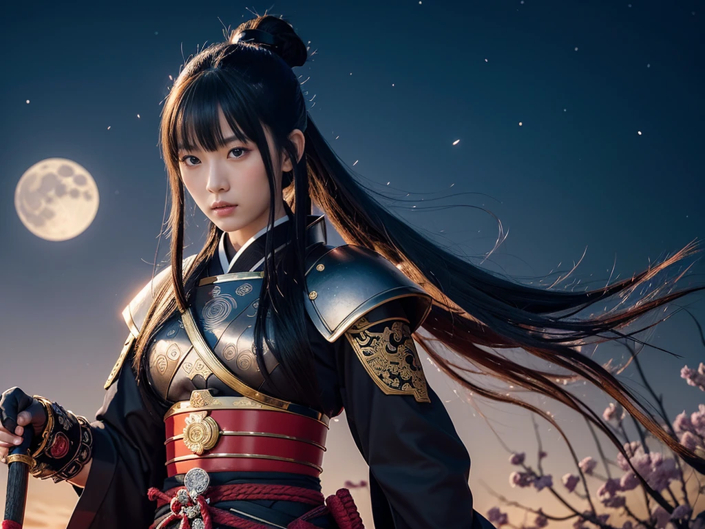 **Prompt:** Create an ultra-realistic 8K resolution image of Tsukuyomi, the Japanese moon god from Shinto mythology, reimagined as the ultimate samurai while retaining the deity's iconic features. Tsukuyomi is depicted with long, flowing silver hair tied back in a traditional topknot, with a few loose strands framing her serene, yet resolute face. Her eyes gleam with the calm determination of a warrior who has faced countless battles under the moon's light, reflecting both wisdom and an unwavering resolve.
She wears an intricately designed samurai armor, the plates polished to a dull silver that mirrors the moonlight. The armor is adorned with delicate engravings of crescent moons and celestial patterns, blending traditional samurai aesthetics with her divine origins. Over her armor, she dons a dark, flowing haori with silver embroidery that trails like shadows in the night.
In her hand, she wields a katana with a blade that gleams like the moon, its edge sharp and deadly. The hilt is wrapped in dark silk, and the tsuba (guard) is shaped like a crescent moon. Her stance is strong and poised, ready for battle, with the air around her crackling with the energy of a warrior deity.
The background is a moonlit battlefield, with cherry blossom trees shedding their petals in the wind. The full moon hangs high in the sky, casting a cold, ethereal glow over the scene. Tsukuyomi stands as the embodiment of the ultimate samurai, combining the grace and beauty of the moon with the fierce honor and strength of a legendary warrior.