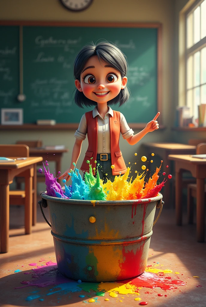 generates an image of a teacher and her bucket of colors