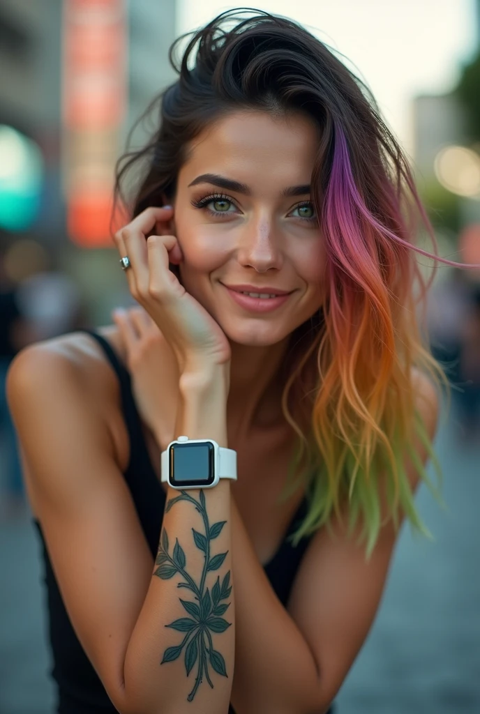 A 4K portrait of a 30-year-old brunette Argentinian woman with rainbow-colored blonde hair and emerald green eyes. She is depicted with a perfect smile, wearing a white smartwatch on her wrist, and showcasing tattoos on her arm. Her elegant clothing complements her sophisticated appearance. She is looking out at a vibrant cityscape in the background, which is softly blurred to focus on her features.
The portrait is rendered with perfect details and high quality, emphasizing realistic textures and clarity. Her hair is styled with vibrant, rainbow-colored strands that contrast beautifully with her emerald eyes. The smartwatch and tattoos are subtly highlighted, adding depth to her appearance. The lighting is soft yet vivid, enhancing her elegant clothing and the rich details of her features. The overall composition captures her graceful demeanor and the dynamic city environment, ensuring every detail is rendered with high resolution and professional quality