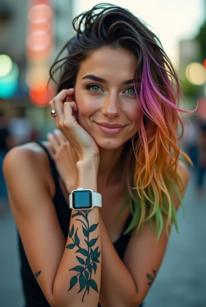 A 4K portrait of a 30-year-old brunette Argentinian woman with rainbow-colored blonde hair and emerald green eyes. She is depicted with a perfect smile, wearing a white smartwatch on her wrist, and showcasing tattoos on her arm. Her elegant clothing complements her sophisticated appearance. She is looking out at a vibrant cityscape in the background, which is softly blurred to focus on her features.
The portrait is rendered with perfect details and high quality, emphasizing realistic textures and clarity. Her hair is styled with vibrant, rainbow-colored strands that contrast beautifully with her emerald eyes. The smartwatch and tattoos are subtly highlighted, adding depth to her appearance. The lighting is soft yet vivid, enhancing her elegant clothing and the rich details of her features. The overall composition captures her graceful demeanor and the dynamic city environment, ensuring every detail is rendered with high resolution and professional quality
