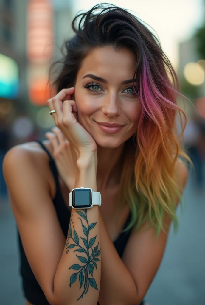 A 4K portrait of a 30-year-old brunette Argentinian woman with rainbow-colored blonde hair and emerald green eyes. She is depicted with a perfect smile, wearing a white smartwatch on her wrist, and showcasing tattoos on her arm. Her elegant clothing complements her sophisticated appearance. She is looking out at a vibrant cityscape in the background, which is softly blurred to focus on her features.
The portrait is rendered with perfect details and high quality, emphasizing realistic textures and clarity. Her hair is styled with vibrant, rainbow-colored strands that contrast beautifully with her emerald eyes. The smartwatch and tattoos are subtly highlighted, adding depth to her appearance. The lighting is soft yet vivid, enhancing her elegant clothing and the rich details of her features. The overall composition captures her graceful demeanor and the dynamic city environment, ensuring every detail is rendered with high resolution and professional quality