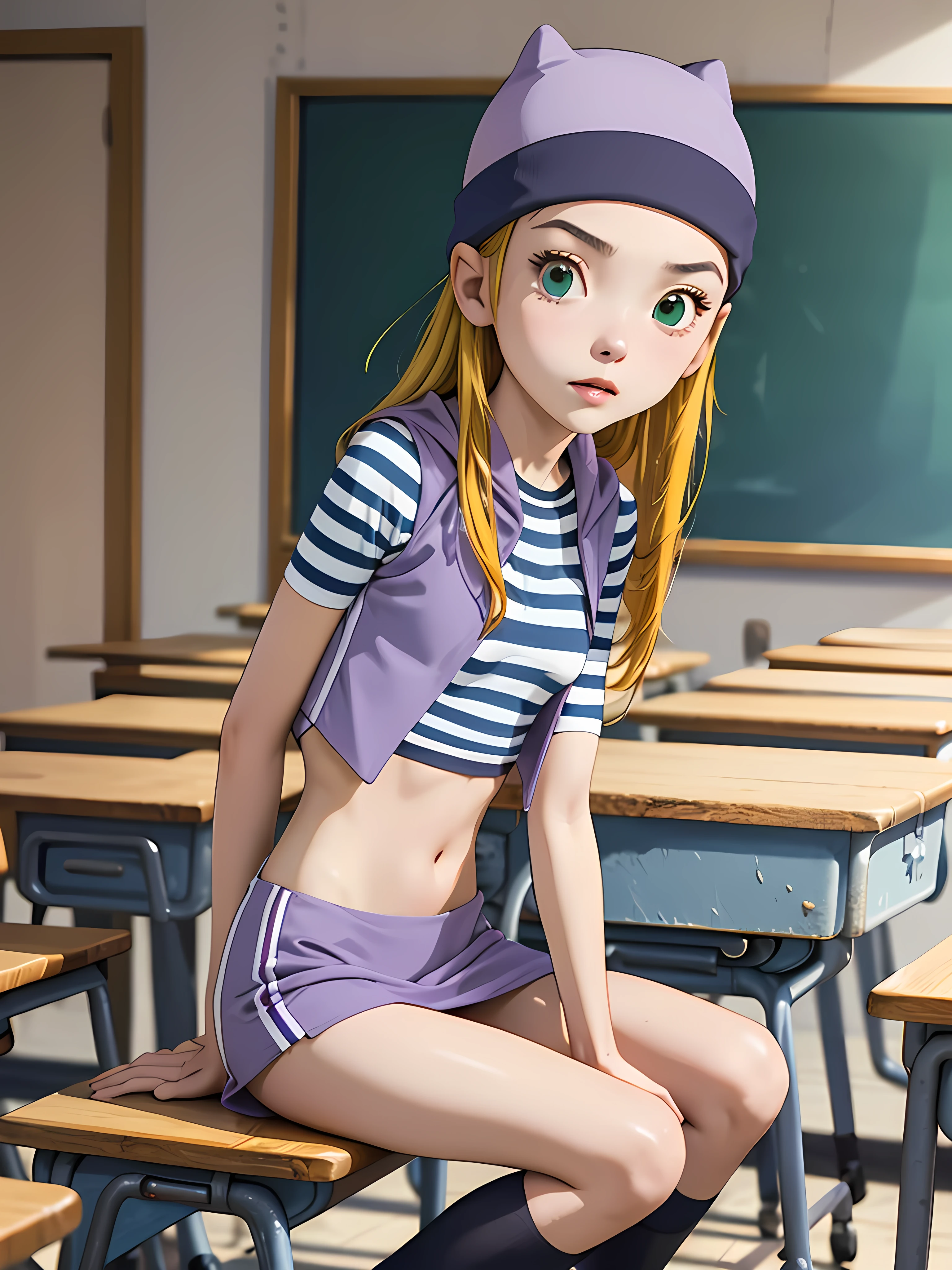 (masterpiece, best quality), 1girl, izumi Orimoto, indoors, classroom, green eyes, blonde hair, long hair, purple beanie, purple vest, purple miniskirt, blue white striped shirt, long purple socks, purple vest, striped shirt, navel shirt, small size breast, legs together, cute pose