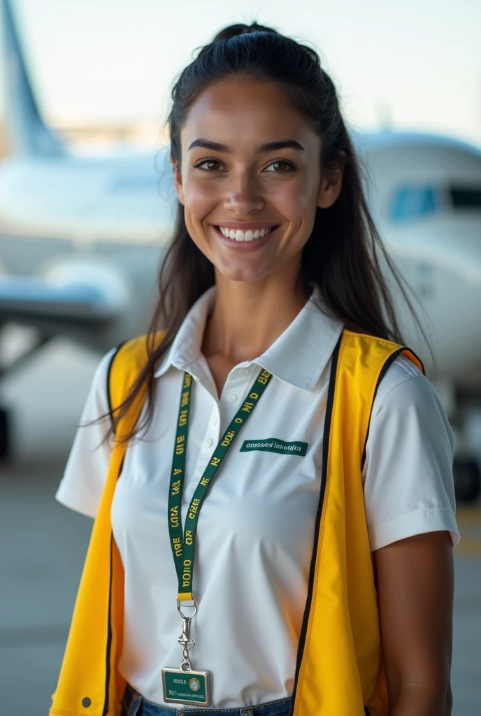 (photorealism: 1.2), hot brazilian sexy girl in sexy dynamic pose. raw portrait photography, hyper realistic and detailed face, complex and realistic skin texture, hot body, athletic body, smiling, long black hair tied up, white work polo shirt welcoming travelers with a airport badge black around his neck, EPI yellow vest, with airbus in the background