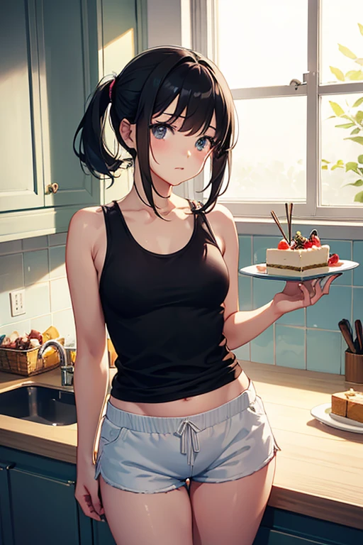 innocent girl with a small and voluptuous body, dressed in a tank top and small, tight shorts. eating cake in the kitchen of his house, Natural light enters through the window