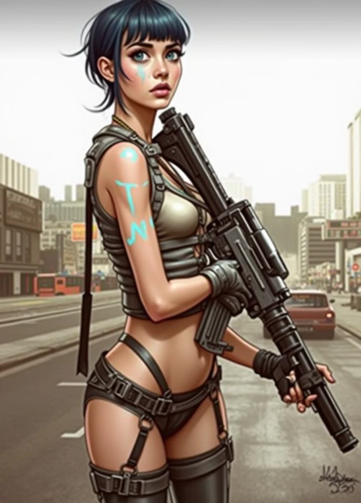/imagine a drawing with lines and brush paintings, with watercolor touches, of a cyberpunk warrior, make a stylized drawing, in the style of illustrator Otto Schmidt, she wears leather clothes, blue neon details, blue hair, war paint on her face, wielding a large technological weapon, she appears in profile, she is turning her face back, she has a frightened expression, large, wide eyes, around her a chaotic futuristic city, dark and sober environment, streets in the style of the cities in the film Blade Runner 2049,