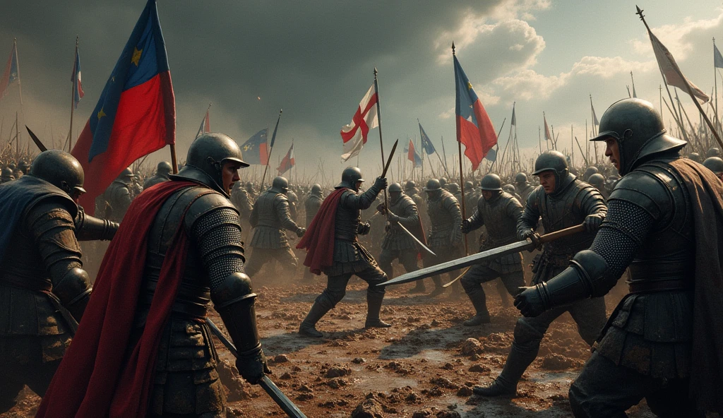 A dramatic medieval battle scene between French and English forces during the Hundred Years' War unfolds under a stormy sky. The battlefield is shrouded in a dark, ominous atmosphere, with heavy clouds casting a shadow over the clash. Soldiers, clad in intricately detailed armor and grimy from the fight, engage in fierce combat. The scene is filled with swirling mud and sparks from clashing swords and shields. The ground is littered with fallen warriors and broken weapons, accentuating the chaos and destruction. In the background, the banners of both sides flutter violently in the wind. The image, rendered in the evocative style of Edmund Blair Leighton, captures the tension and turmoil of the conflict with rich, dark tones and dramatic contrasts, emphasizing the scale and intensity of the medieval warfare., Surrealism, Hyperrealism, UHD, retina, masterpiece, accurate, anatomically correct, textured skin, super detail, 16k