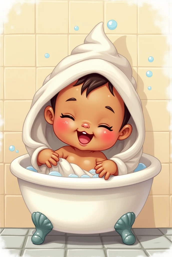 Cartoon brown baby in towel in bathtub